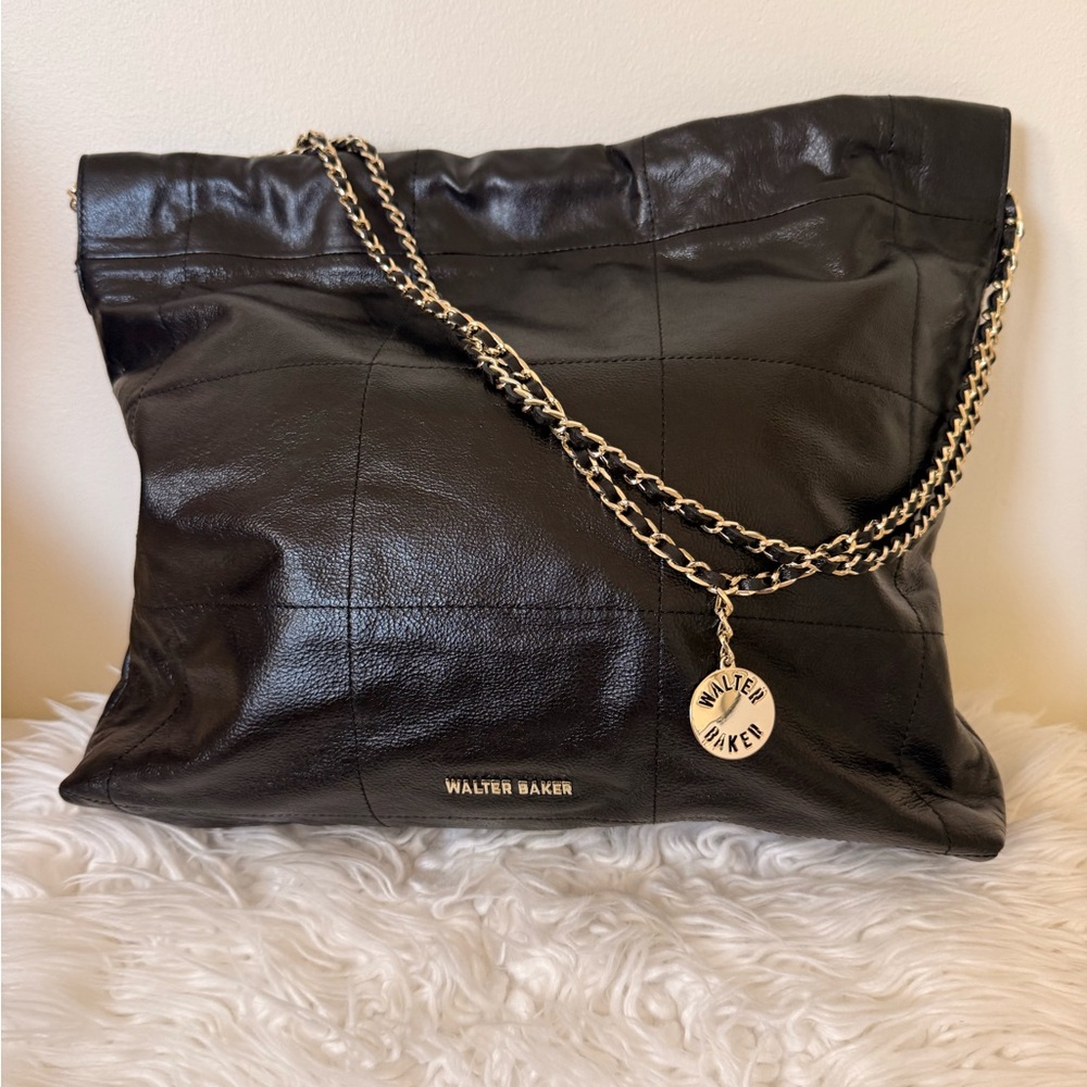 Walter Baker Black Genuine Leather Shoulder Bag with Gold Chain